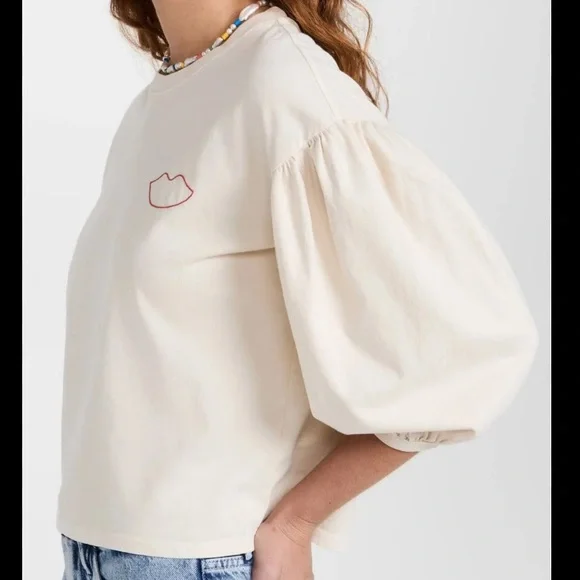 CLARE V. Embroidered Detail Balloon Sleeve Cotton Tee - Picture 1 of 8